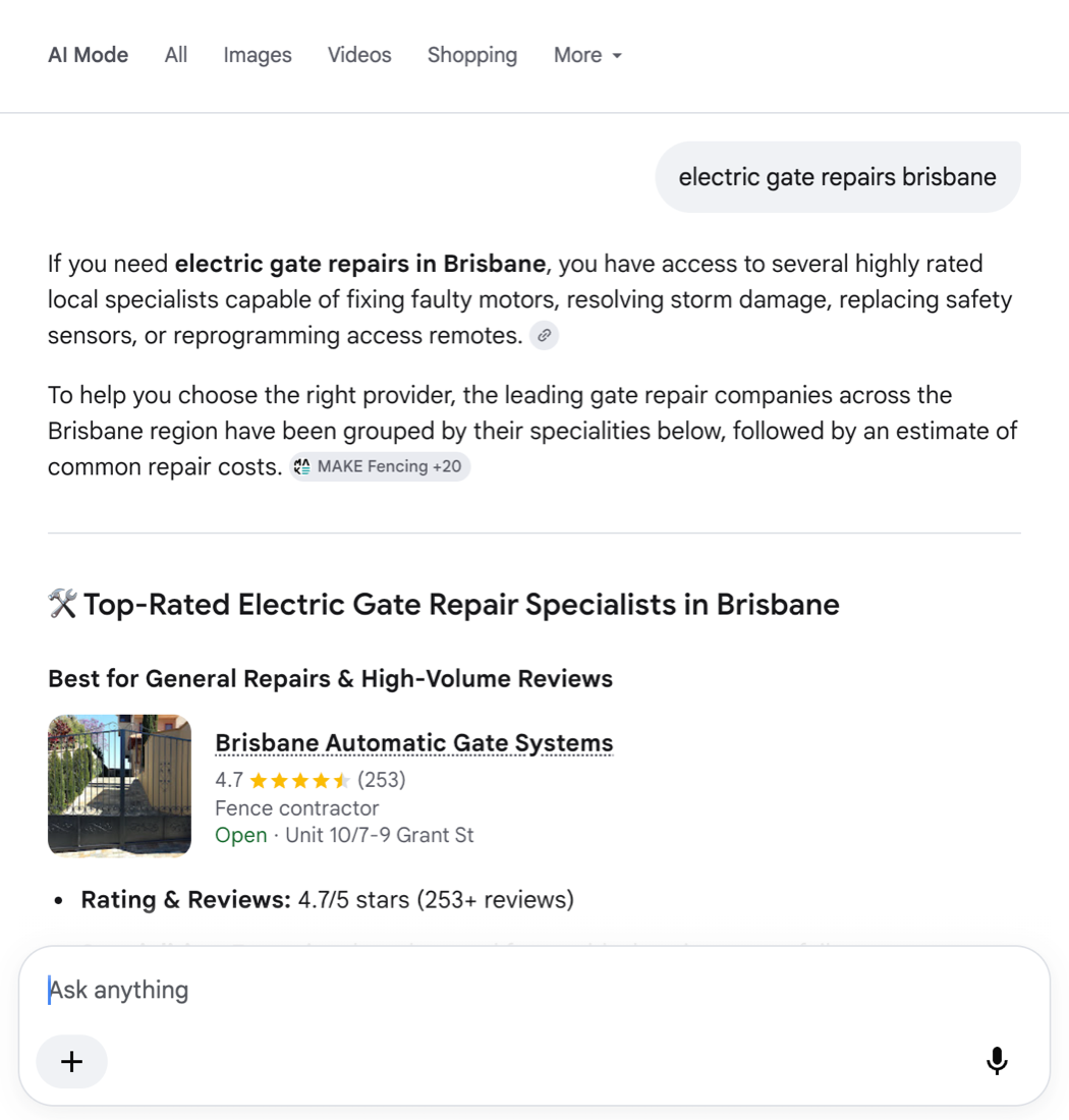 Google AI Mode answering the search 'electric gate repairs brisbane' by recommending a competitor