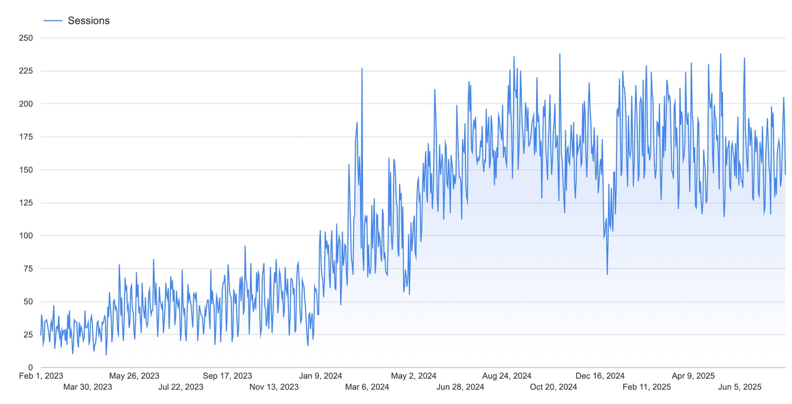 Line chart of the client's daily website sessions from February 2023 to June 2025, climbing sharply after the rebuild and holding